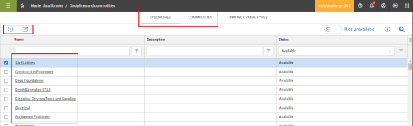 disciplines and commodities master data