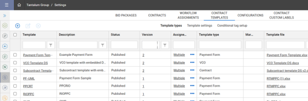 organization settings Contract templates list