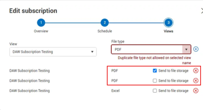 Edit subscription dialog box with same file type selected and one Send to file storage