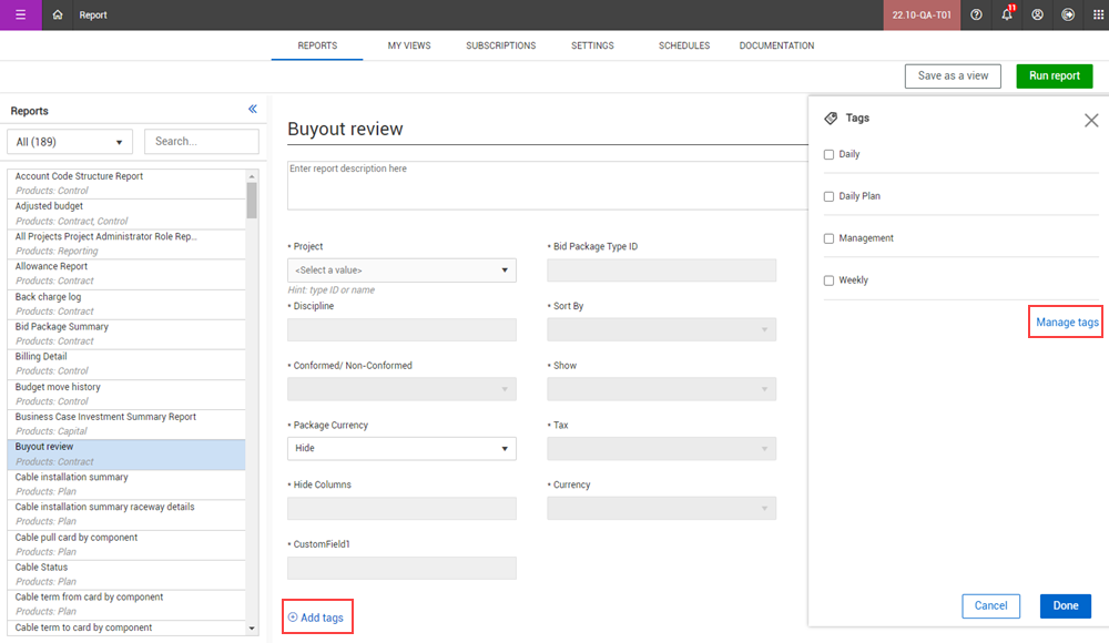 InEight Report - Settings Tab