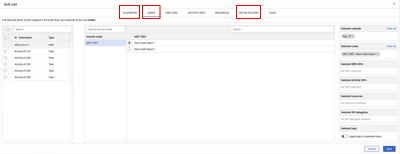 New tabs for calendars, codes, and SIP delegation added to Bulk edit dialog box