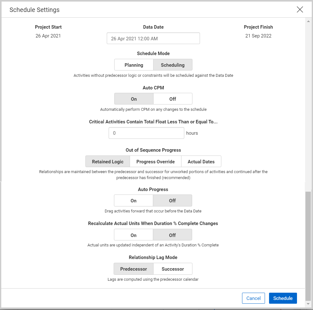 InEight Schedule - Snapshot And Schedule Settings