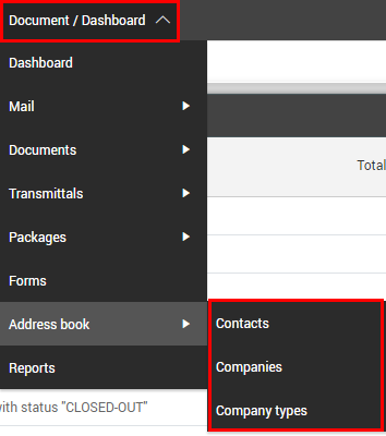 Address Book contains Contact, Company and Company types from Module menu