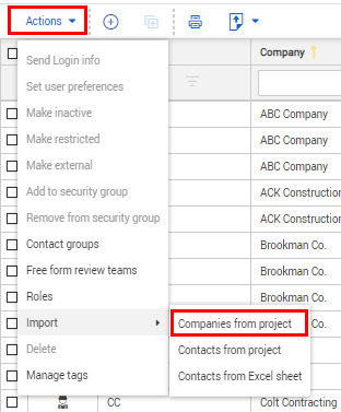  Companies from project selection in import from Actions menu