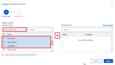 Select users in Assign document access pane