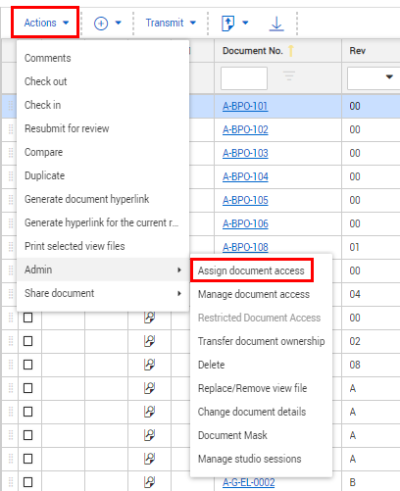 Assign document access selected in Action-Admin menu