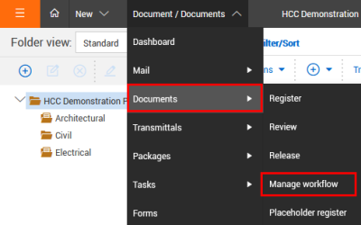 Manage workflow selected from module Documents menu