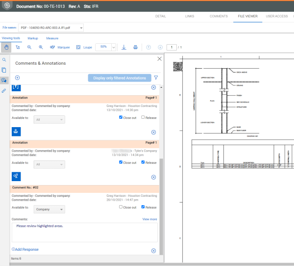 File Viewer panel with markups and comments