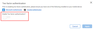toggle button to enable two factor authentication