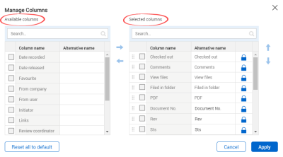 Available and selected columns in Manage columns window