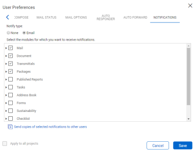 Notifications settings tab in the User Preferences