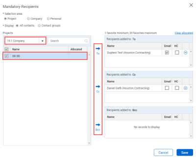 Mandatory recipients panel with arrow icons to add recipients