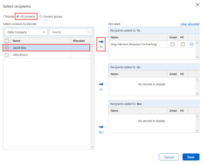 Select contacts with arrow icons to process Unregistered mail