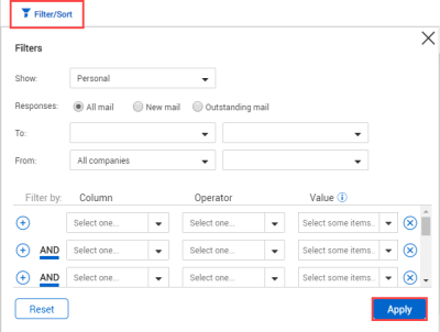 Filter and sort pane from the Mail register
