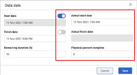 Markup view Data date dialog box for selected activity