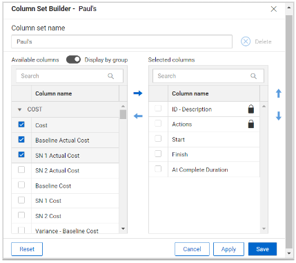 Menu Column InEight Schedule - Builder menus
