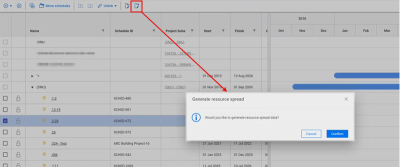Shows the Generate resource spread icon for a project selected on the Project List page