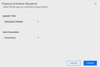 Shows the Export dialog box on the Schedule page with settings selected to export resource spread data