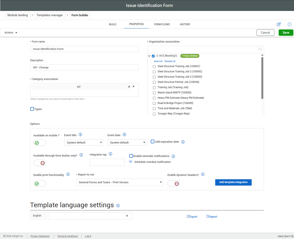 InEight Completions - Template Properties
